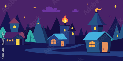 Spooky house silhouette under a dark winter sky with a shining moon, perfect for a Christmas or Halloween night illustration