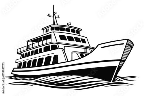 Stylized Black and White Illustration of a Multi-Level Boat Ferrying Through a Body of Water with Wave Detailings