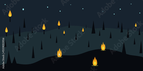 Burning candle flames glow in the dark night, perfect for Halloween, Christmas, or romantic holiday celebrations