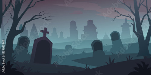 Spooky Halloween night city skyline with a full moon, silhouetted buildings, and a graveyard of trees and zombies