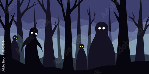 Scary Halloween night illustration with a spooky tree silhouette, a full moon, and bats flying across a dark, graveyard sky