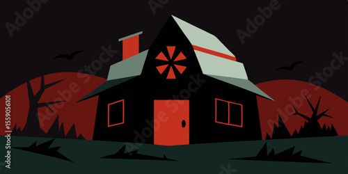 Spooky haunted house on a hill with bats, silhouetted against the moonlit night sky, a scary old cartoon building illustration perfect for Halloween