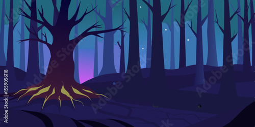 Night nature landscape with trees silhouette and moon