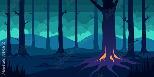 Abstract blue light illuminates a deep night forest with a subtle silhouette of a diving woman and fish
