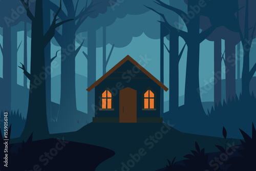 Haunted old house in a dark forest under a spooky night sky with a full moon and silhouetted trees