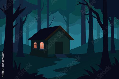 A haunted house silhouette in dark woods under a spooky Halloween moonlit sky, perfect for a horror illustration