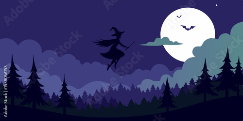 Spooky Halloween night vector illustration with flying bats, a silhouetted witch, and a haunted castle under a dark, moonlit sky