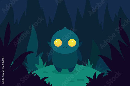 Cartoon vector illustration of a cute owl and bat on a scary Halloween night with a blue moon