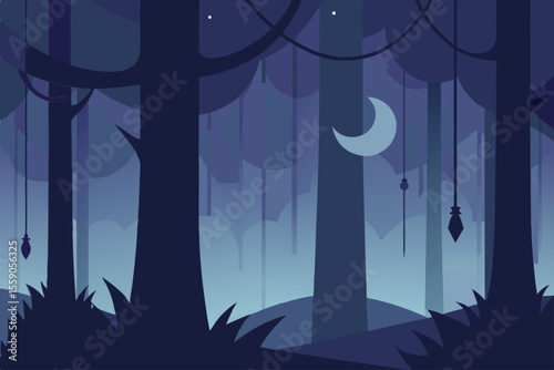 Spooky Halloween night forest landscape vector illustration with old trees and moonlight
