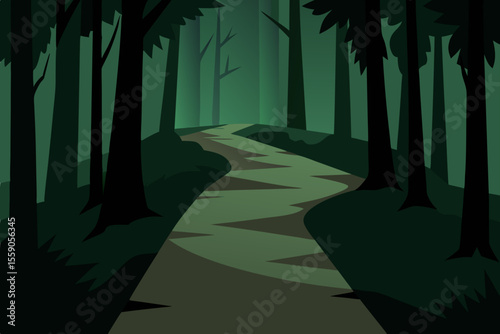 Moonlit night in a misty green forest with light filtering through the trees