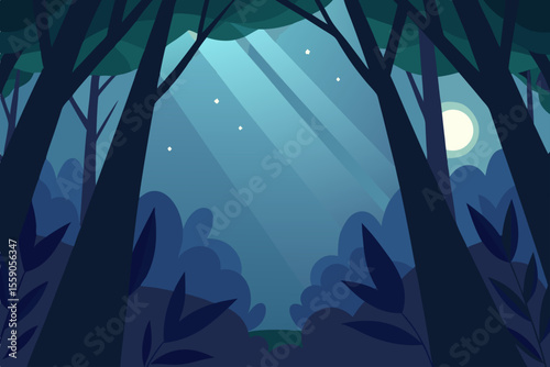Moonlit forest night, deep blue ocean waves under abstract sunlight