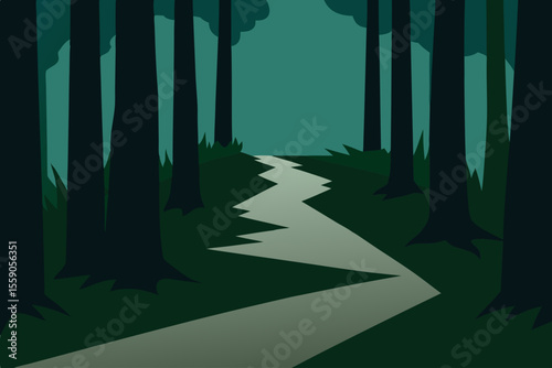 Sunlight pierces through the misty forest path, illuminating green leaves and dark tree silhouettes in the morning light