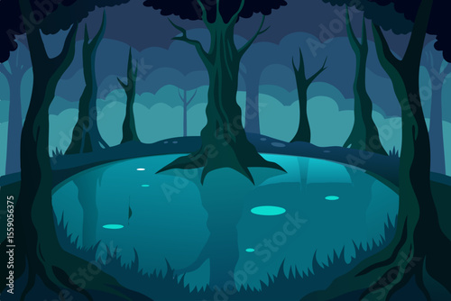 Dark forest on Halloween night, a deep blue ocean diver's silhouette near a sunlit coral reef