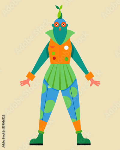 A fun and quirky jumpsuit made entirely from recycled plastic bottles made a playful statement on the runway.. Vector illustration