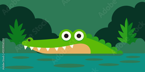 Cute, funny, green cartoon frog character with big eyes, a happy smile, and an isolated illustration of an amphibian in nature's pond water