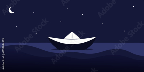 An origami boat sails on a blue paper sea under the summer sky