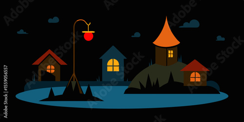 A spooky, dark silhouette of a haunted house on a lake at night under a moonlit sky, perfect for Halloween