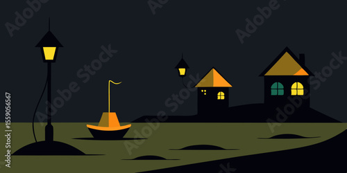 Spooky Halloween night with a haunted castle, pumpkin on the roof, and a dark, moonlit sky