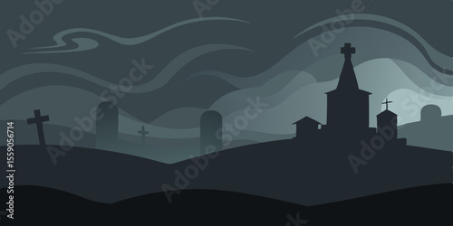 Castle in the night vector illustration silhouette with European architecture, old church building and tower in a mountain landscape under a moonlit dusk sky