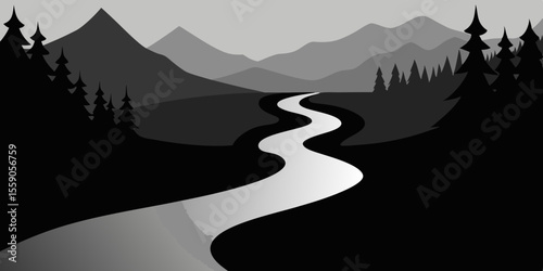 Serene Mountain River A Black and White Landscape Illustration
