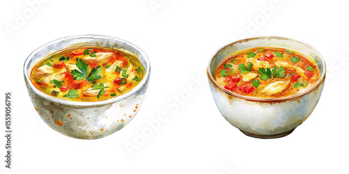 chicken soup watercolor vector illustration