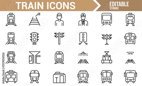 Set of Black and White Railway and Train Icons