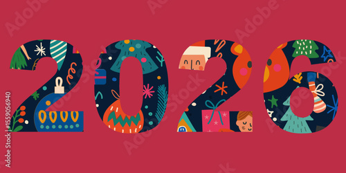 Colorful 2026 New Year numbers filled with festive Christmas doodles on red background, winter holiday vector design for greeting banners