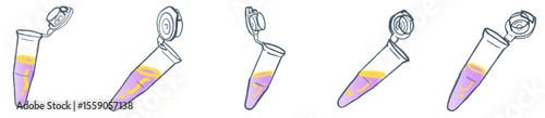 Hand-Drawn Microcentrifuge Tube Illustration Set — Cute purple and yellow liquid tubes with open caps, perfect for science lab graphics, biology or chemistry education, medical research presentations,