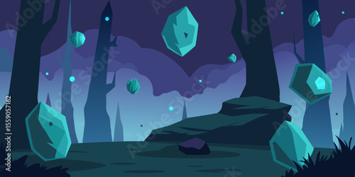 Blue vector illustration of a fish swimming underwater in the night sea