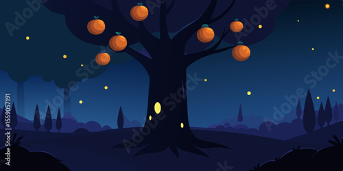 A dark blue winter night landscape with a bright moon and stars illuminating silhouetted trees