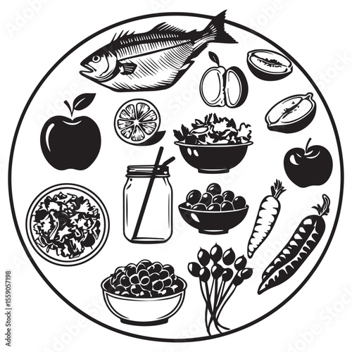 Healthy food assortment featuring fish fruits vegetables and drinks in a circle