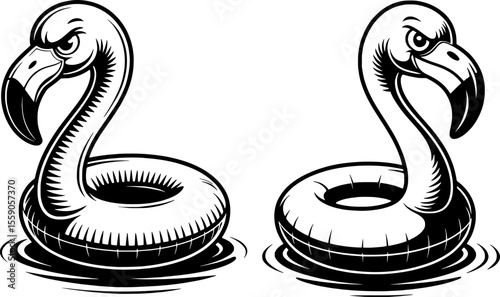 Silhouette of two angry flamingos in inflatable rings floating on water in bold black and white line art, perfect for humorous summer and tropical-themed illustrations