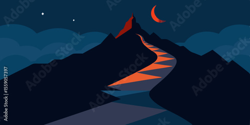 Here's a single sentence for describing the image:

A vector illustration of a dark mountain landscape with a winter fire, silhouetted trees, and a starry night sky