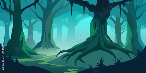 Moonlit night landscape with a dark forest embracing the calm ocean, illuminated by subtle light, a serene nature illustration