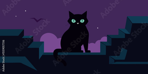 Funny black cat cartoon silhouette on the roof with the moon, perfect for a cute Halloween night design or vector illustration