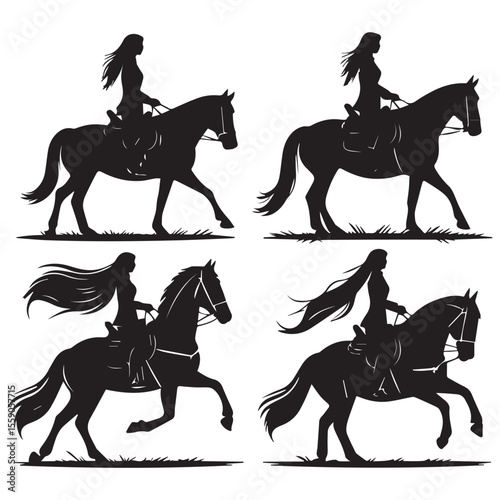 Four black silhouettes of women riding horses in different poses
