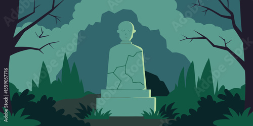 Illustrations of men and women in various settings like cemeteries and forests, depicted as silhouettes meditating near religious statues, temples, and golden Buddhist sculptures, evoke a sense of spi