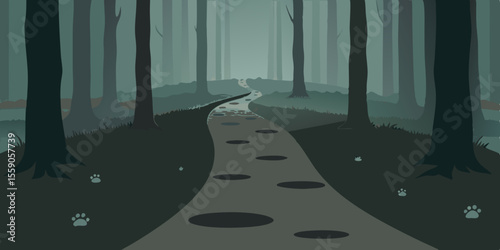 Moonlit cat illustration silhouette with tree and water at night