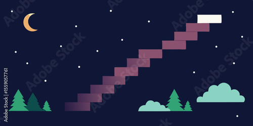 Here's a single sentence combining those elements:

A festive 3D illustration of a Christmas night landscape with a luminous stairway ascending towards a star-filled winter sky, symbolizing the concep