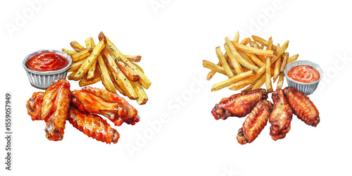 chicken wings and french fries watercolor vector illustration
