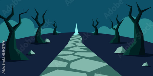 Night landscape with a path winding through a forest under a moonlit sky