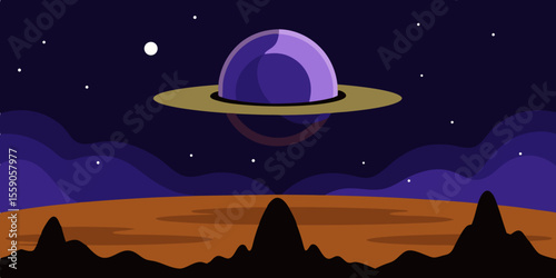 UFOs traverse the dark night sky, from star-filled space and the full moon's silhouette to desert landscapes with silhouetted trees and blue mountain ranges