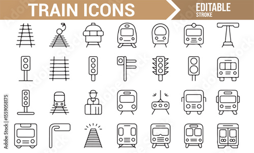 A collection of minimalist black and white train icons, featuring railway tracks, train signals, trains, and various transportation-related elements for modern urban design.