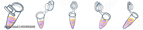 Hand-Drawn Microcentrifuge Tube Illustration Set — Cute purple and yellow liquid tubes with open caps, perfect for science lab graphics, biology or chemistry education, medical research presentations,