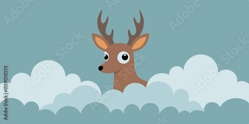 Snow-covered forest scene featuring a wild deer with prominent antlers, a majestic winter animal illustration perfect for Christmas