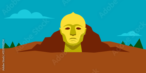 Egyptian pyramids rise from the desert, a lone figure with a mud mask and expressive eyes reflects ancient beauty, a symbol of timeless art