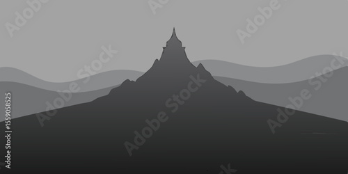 Sunrise over a majestic mountain landscape, with the sky ablaze in orange hues, casting a serene silhouette of hills and peaks against the morning clouds