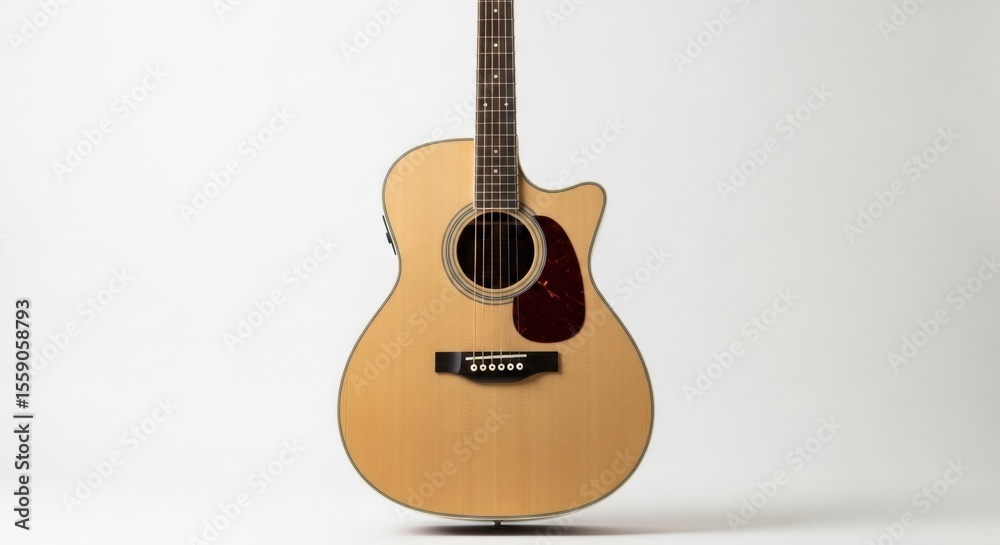 Obraz premium A full-frontal studio shot of a beautiful natural wood acoustic guitar with a cutaway design and a dark pickguard, perfectly isolated on a white background.
