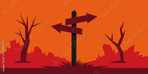 A wooden arrow sign points towards a cross silhouette under a vibrant sunset sky, symbolizing faith and direction within a serene landscape