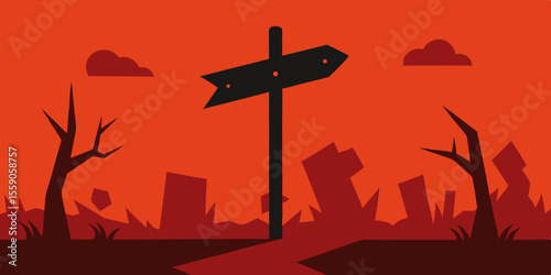 Vector illustration of a religious sunset in the mountains with a cross silhouette in the blue sky